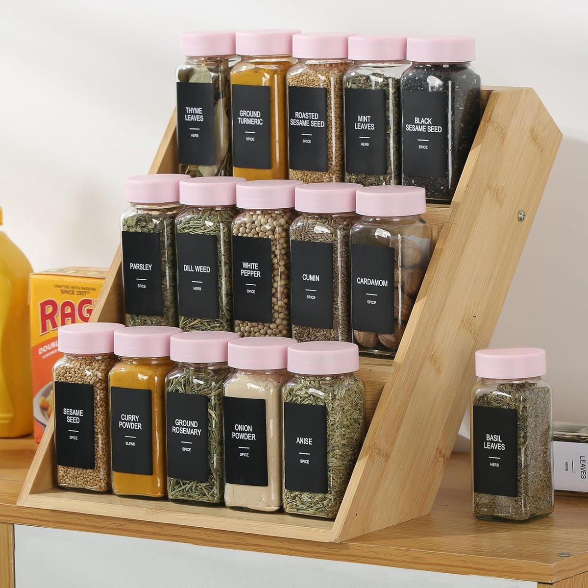24 Glass Spice Jars with Labels, Spice Jar Set, 4oz Seasoning Containers, Spice Containers with Pink Airtight Lids and Shaker Lids, Square Empty Spice Bottles, 492 Labels, 1 Funnel
