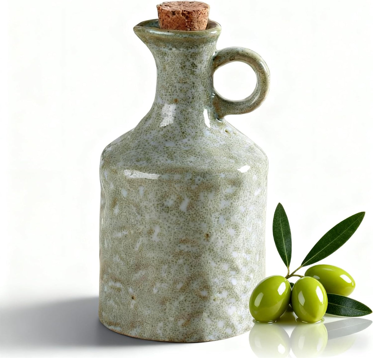 Green Ceramic Olive Oil Dispenser Bottle with Cork Stopper 13.5Oz