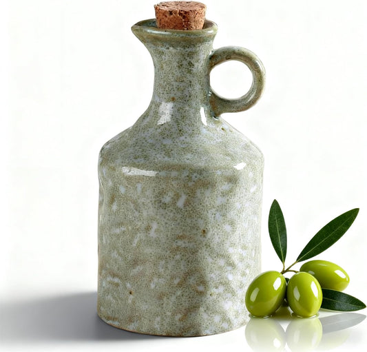 Green Ceramic Olive Oil Dispenser Bottle with Cork Stopper 13.5Oz