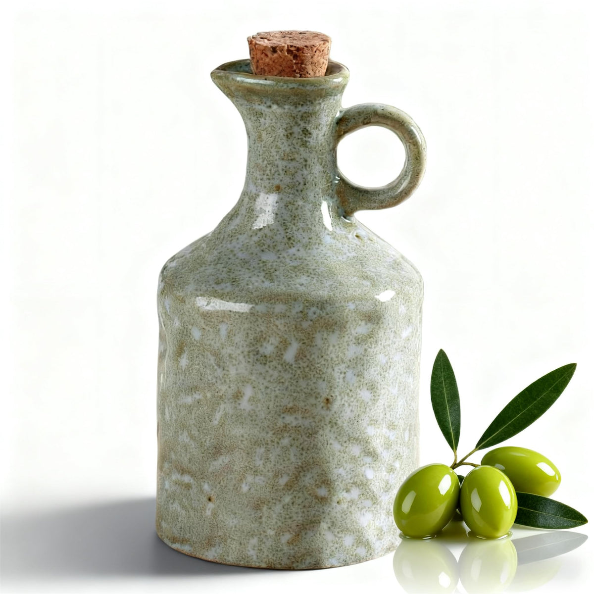 Green Ceramic Olive Oil Dispenser Bottle with Cork Stopper 13.5Oz