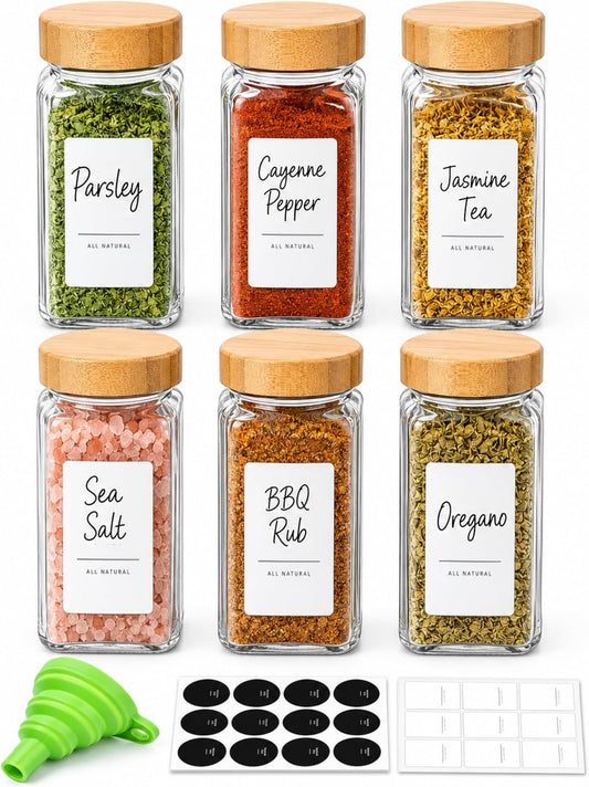 ComSaf Glass Spice Jars with with Labels 4 oz 6 Pack Small Bamboo Lids
