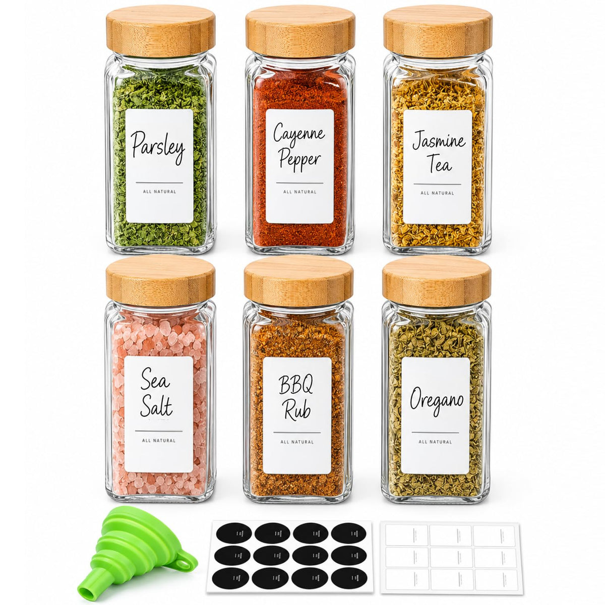ComSaf Glass Spice Jars with with Labels 4 oz 6 Pack Small Bamboo Lids