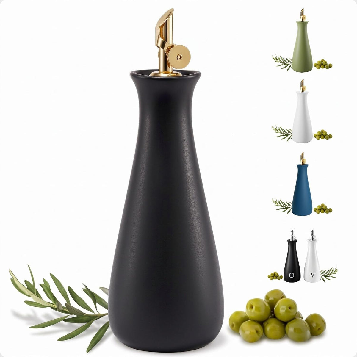 Ceramic Olive Oil Dispenser with Self-Closing Gold Spout, 530mL, Leakproof