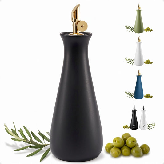 Ceramic Olive Oil Dispenser with Self-Closing Gold Spout, 530mL, Leakproof