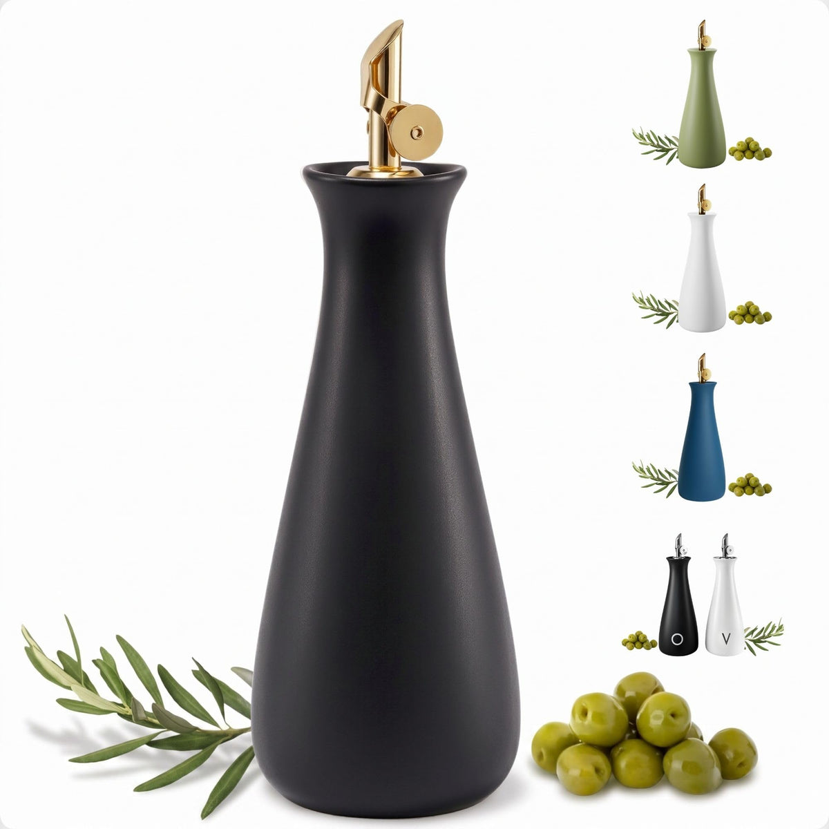 Ceramic Olive Oil Dispenser with Self-Closing Gold Spout, 530mL, Leakproof