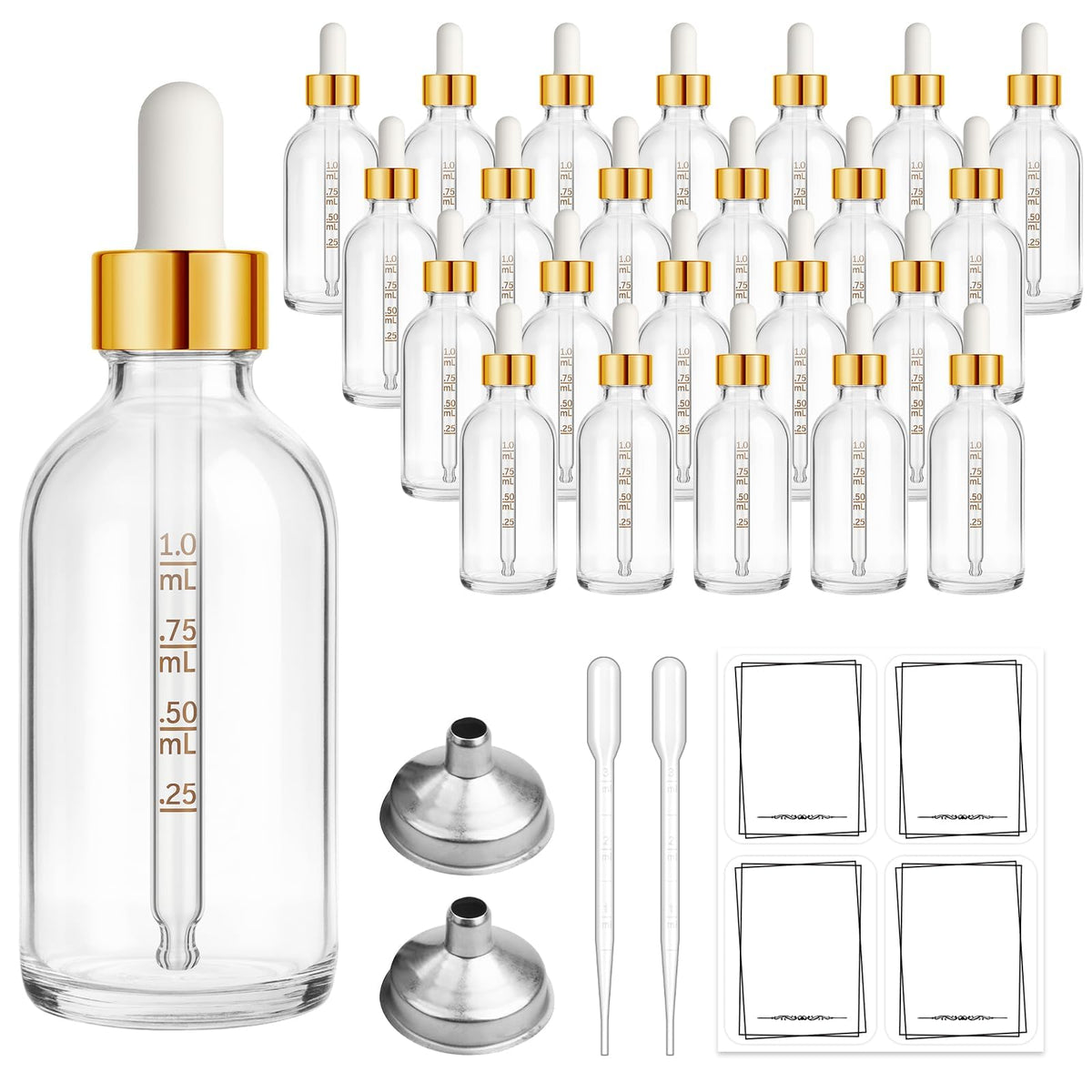 Bumobum 24 Pack 2 oz Clear Glass Dropper Bottles, 60ml Tincture Bottles