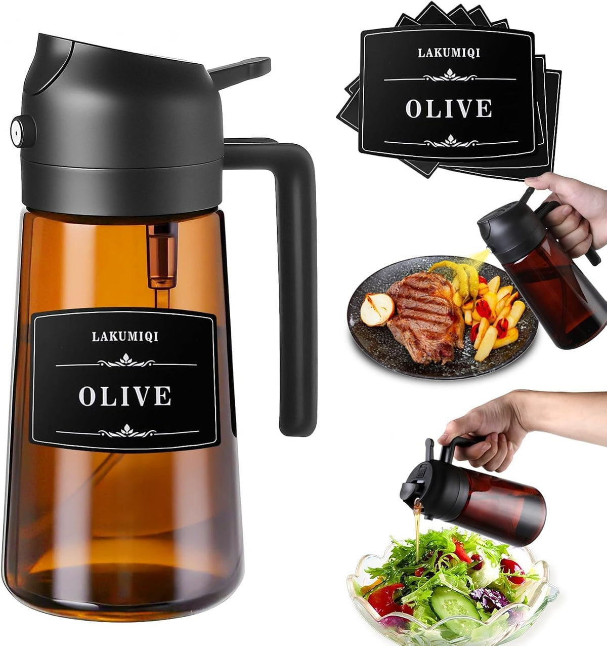 Oliver Oil Sprayer Dispenser for Cooking Bottle 16oz Dark Glass 2pcs Black