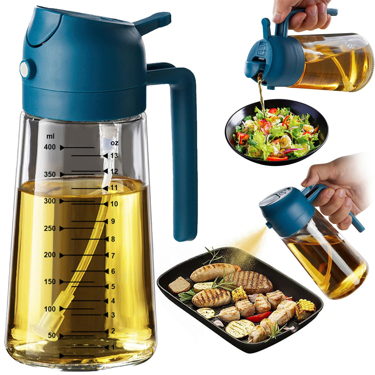 TrendPlain 16oz/470ml Glass Olive Oil Sprayer for Cooking – 2 in 1 Olive Oil Dispenser Bottle for Kitchen Gadgets and Air Fryer Accessories, Salad, BBQ - Black & Green