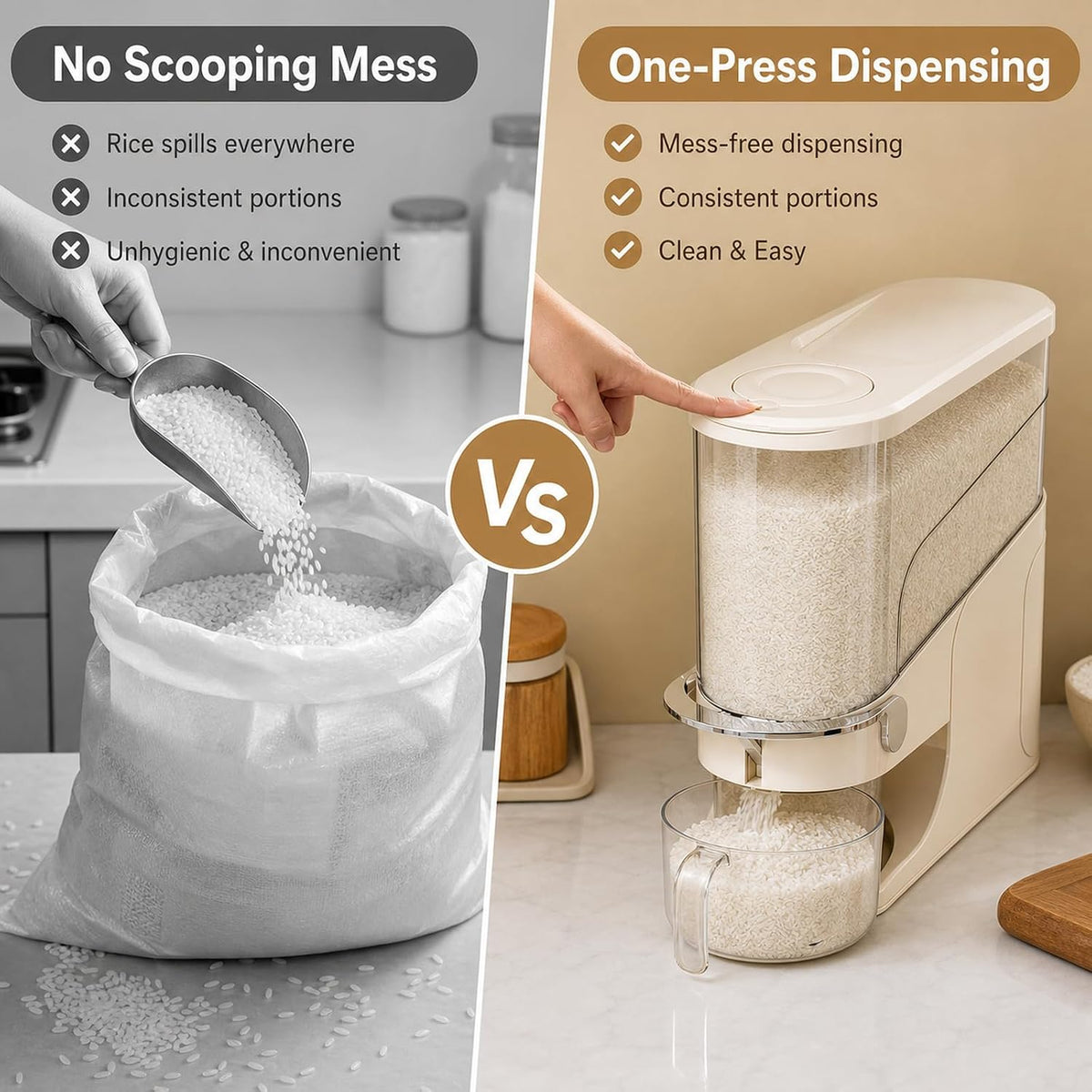 Rice Dispenser 11 Lb, Slim Rice Storage Container with Double Sealing Strip, Press to Dispense Cereal Container Airtight for Kitchen Pantry Organization, (Creamy Yellow-11lb)