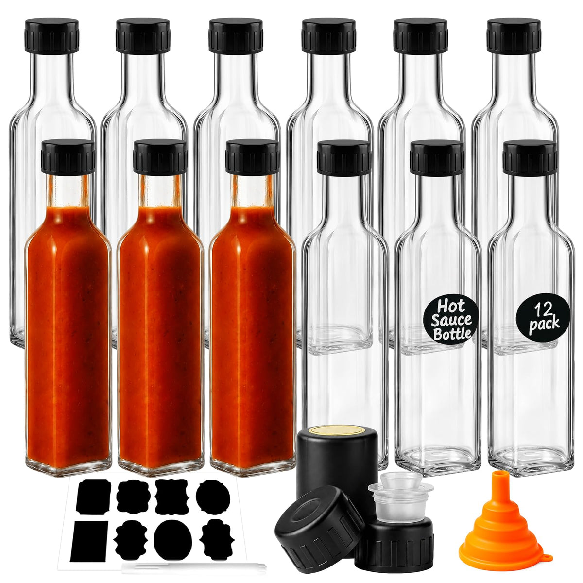 WERTIOO Hot Sauce Bottles 18Pack 8.5oz Square Glass Sauce Bottles with Lids