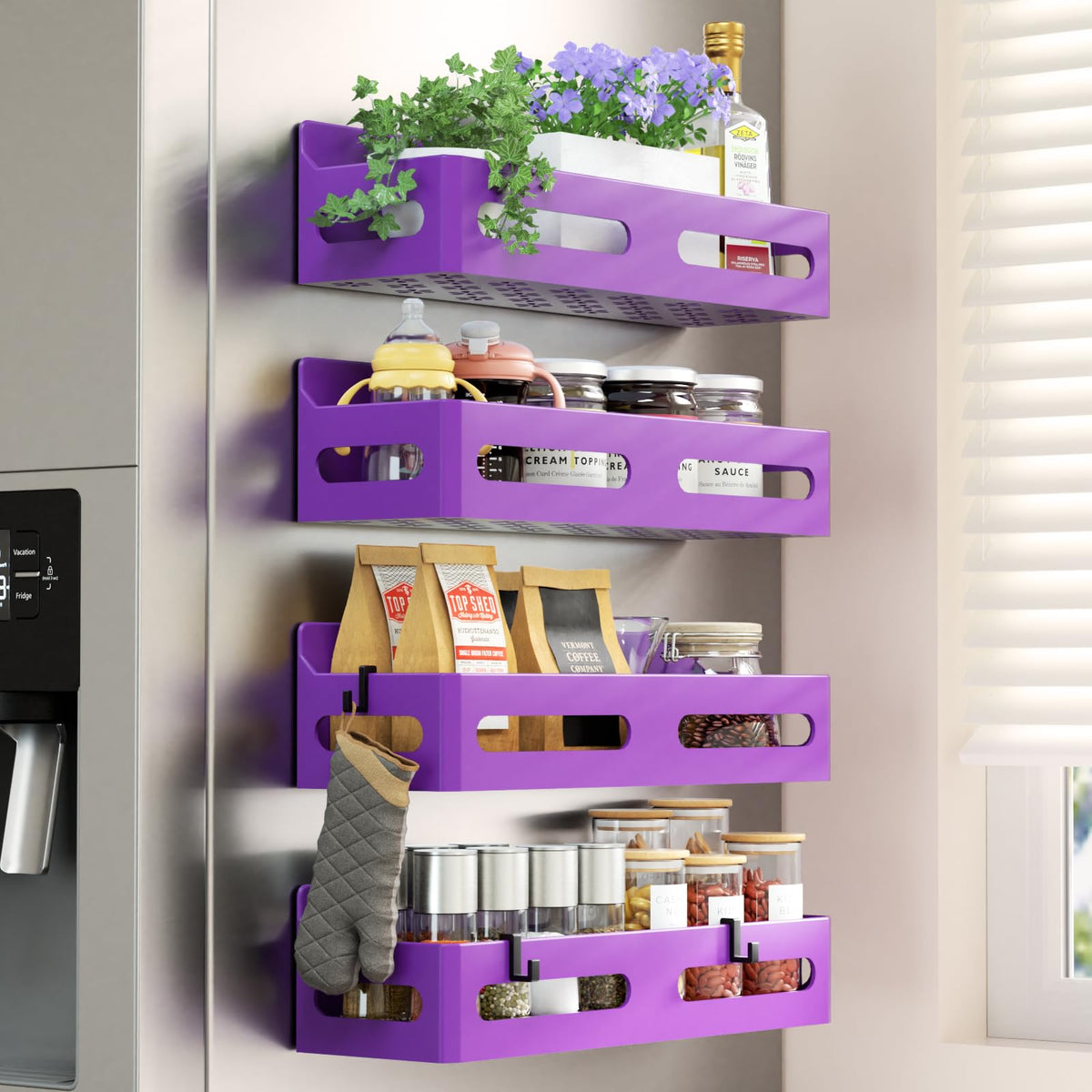 Sevenblue 4-Pack Magnetic Spice Rack for Refrigerator with Hooks, Black