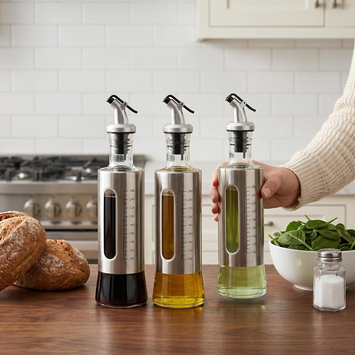 Olive Oil Dispenser for Kitchen, 4 Pack 10oz/300 ML Cooking Oil and Vinegar Dispenser Set with 20 Labels Stainless Steel Funnel, Olive Oil Bottle, Soy Sauce Dispenser, Coffee Syrup Bottles