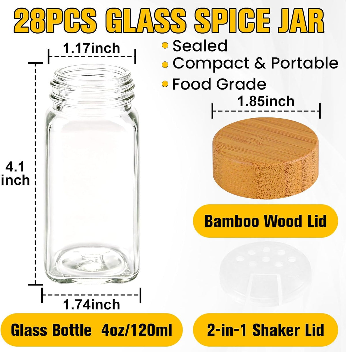 28PCS Spice Jars with Label, 4oz Glass Seasoning Containers with Bamboo Lid