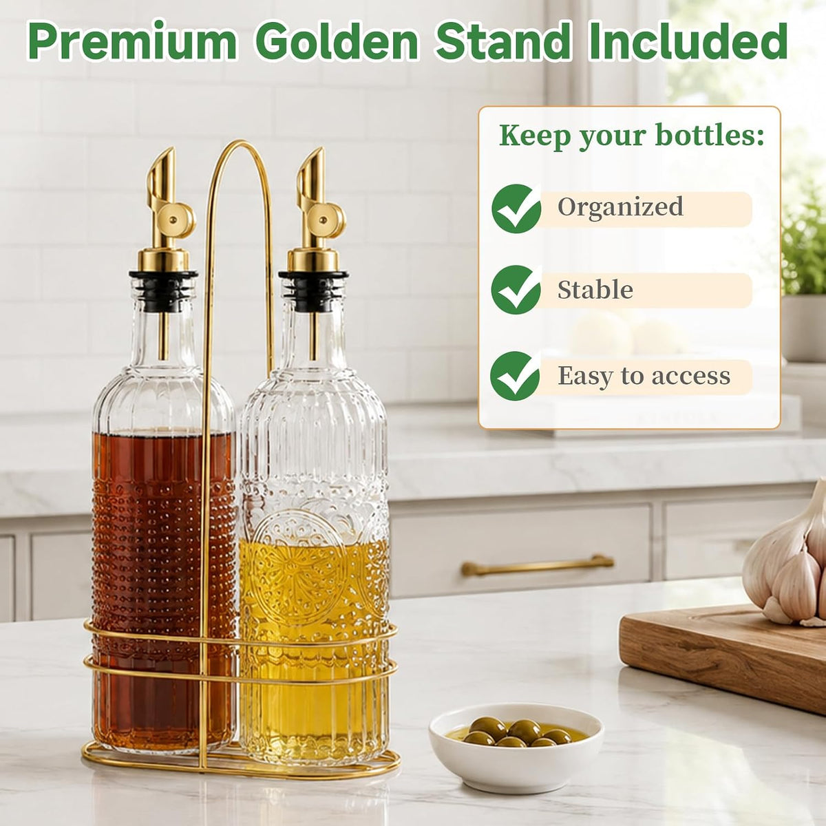 Olive Oil Dispenser Bottle, 2 Pack 17 oz Glass Oil and Vinegar Dispenser with 2 Gold Gravity Auto Flip Spouts, Metal Stand and Funnel, Decorative Polka Dot & Sunflower Design for Kitchen