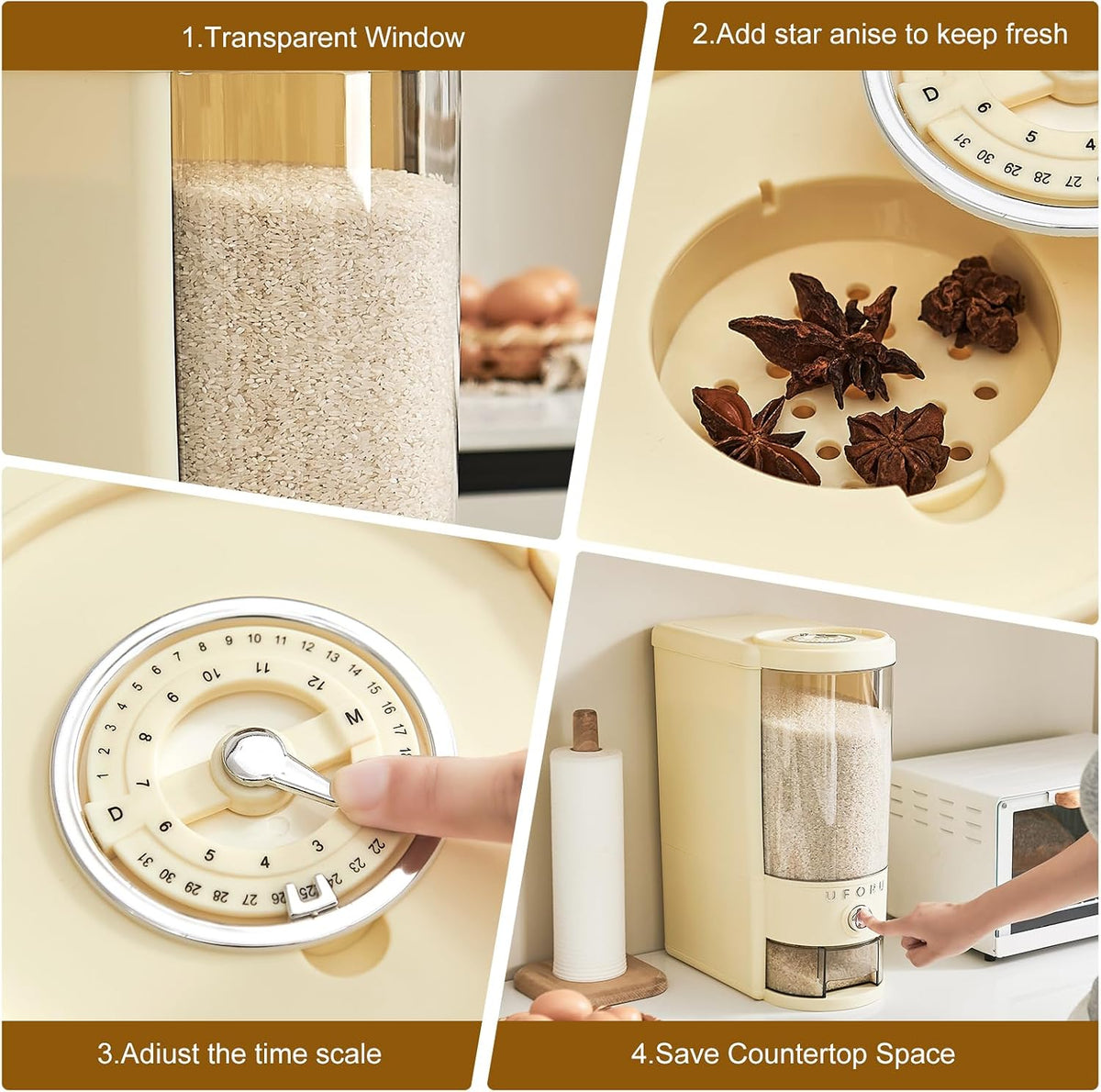 UFORU Rice Dispenser,23 LB Airtight Rice Storage Container with Date Dial