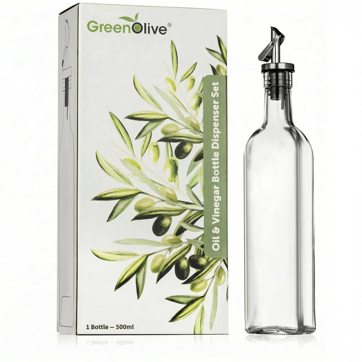 GREENOLIVE Olive Oil and Vinegar Dispenser Set - 17 oz. Glass Bottles with No-Drip BPA-Free Spouts - Stylish O and V Identifiers for Kitchen and Dining Use, Olive Oil Dispenser Bottle - Set of 2
