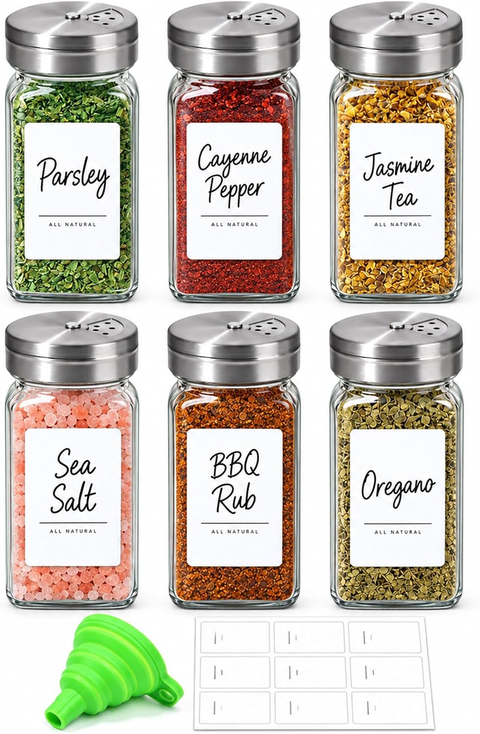 ComSaf Glass Spice Jars with Shaker Lids 4 oz 6 Pack Square