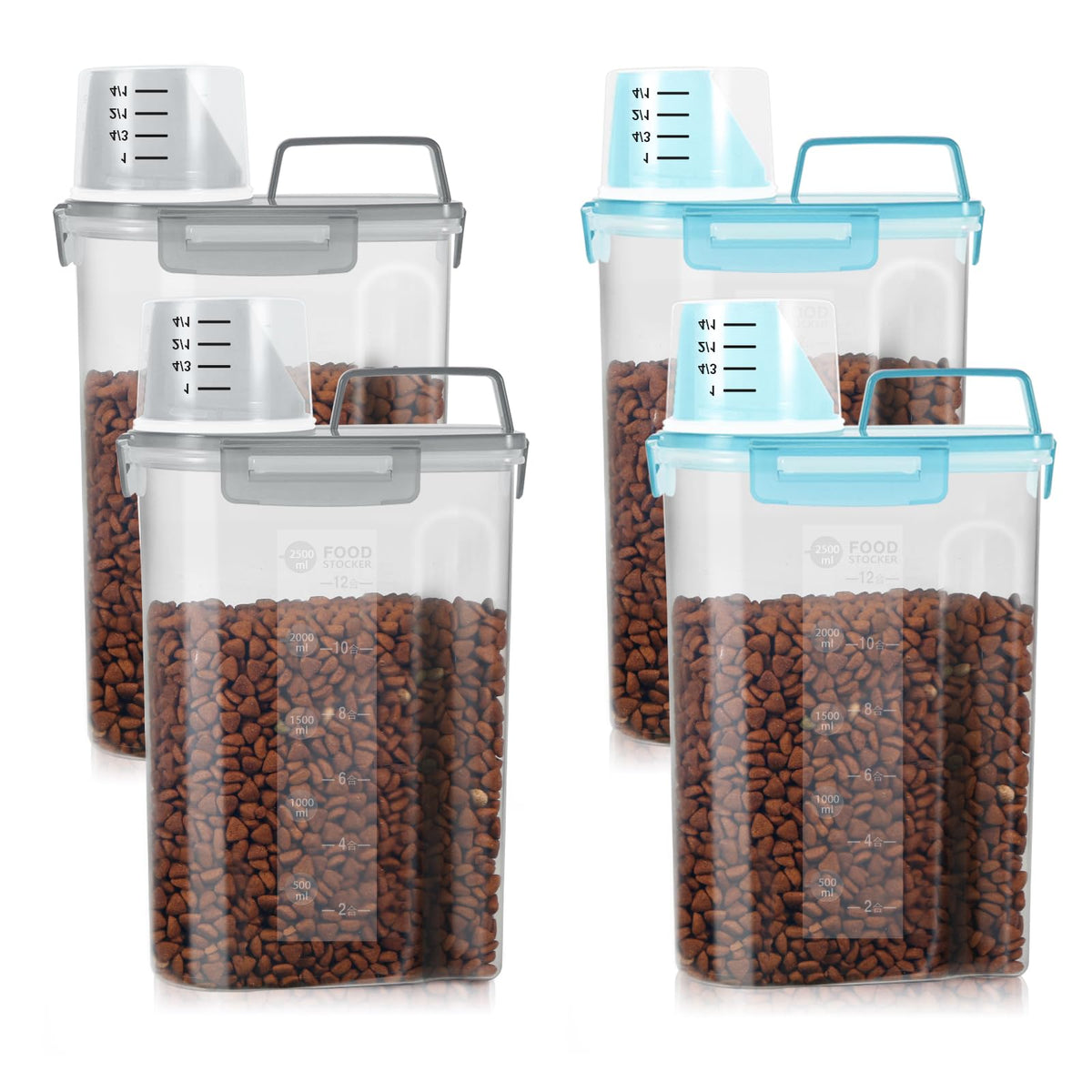 LEAWALK 3-5Lbs/3Qt Dog Cat Food Storage Container With Foldable Bowl., Plastic Pet Food Dispenser for Small Animal Kibble/Pet Food/Bird Seed/Oatmeal/Rice/Flour/Brown Sugart/Cereals (Clear Grey)