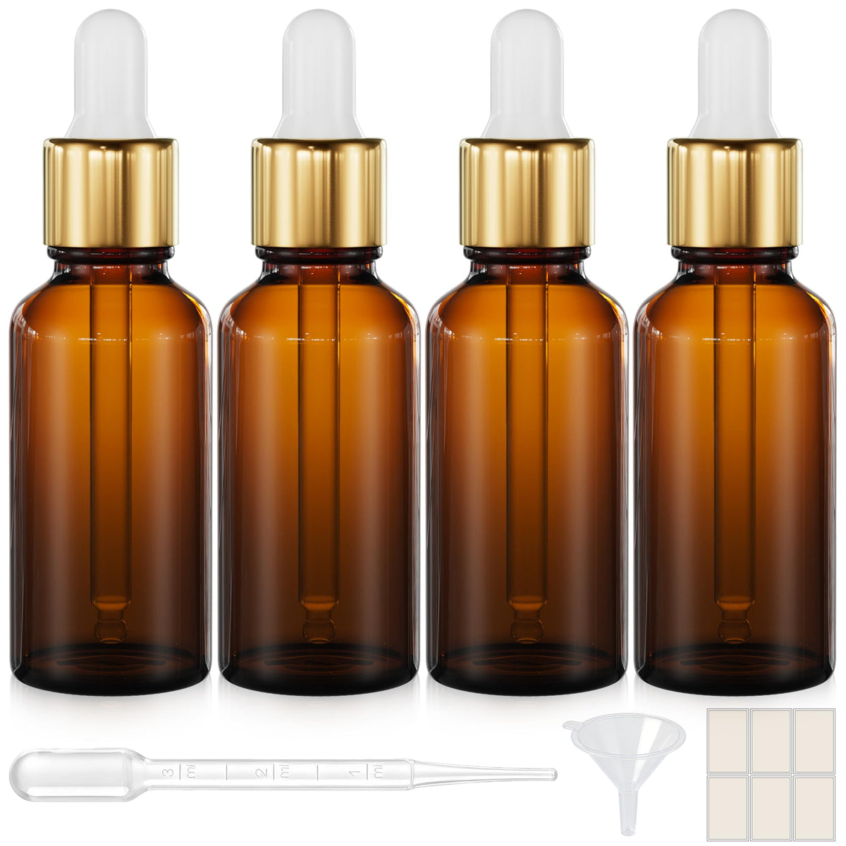 PrettyCare Glass Eye Dropper Bottles 24 Pack, 1oz (30ml) Clear Empty Thick Bottles Bulk with Leakproof Golden Caps - With Labels & Funnels for Storage, Travel, Essential Oils, Cuticle Oils, Tinctures
