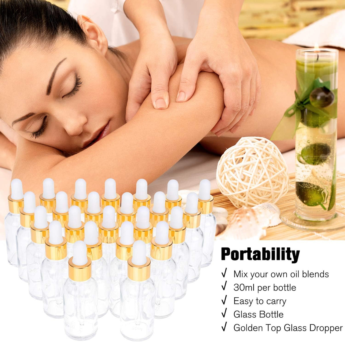 PrettyCare Glass Eye Dropper Bottles 24 Pack, 1oz (30ml) Clear Empty Thick Bottles Bulk with Leakproof Golden Caps - With Labels & Funnels for Storage, Travel, Essential Oils, Cuticle Oils, Tinctures