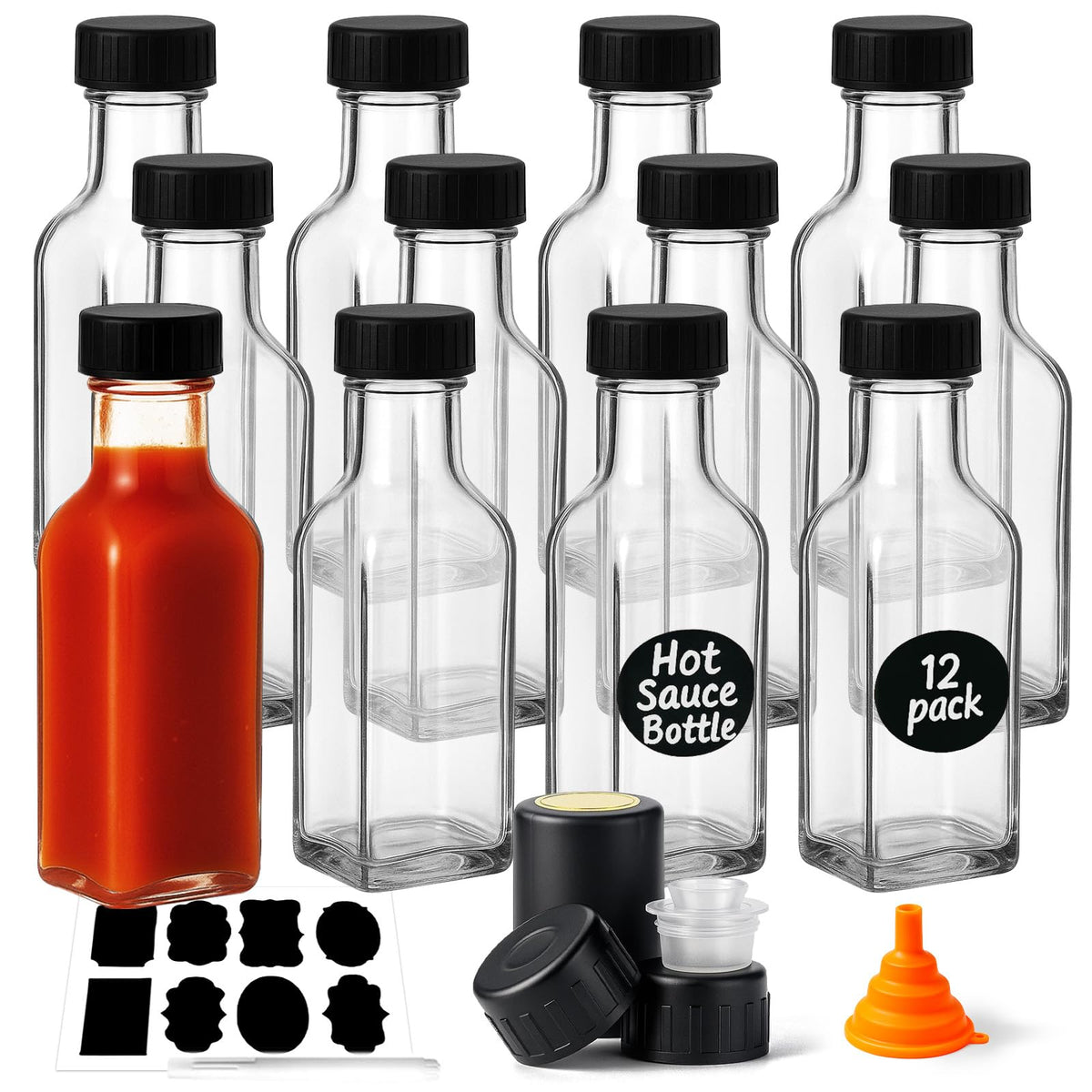 WERTIOO Hot Sauce Bottles 18Pack 8.5oz Square Glass Sauce Bottles with Lids
