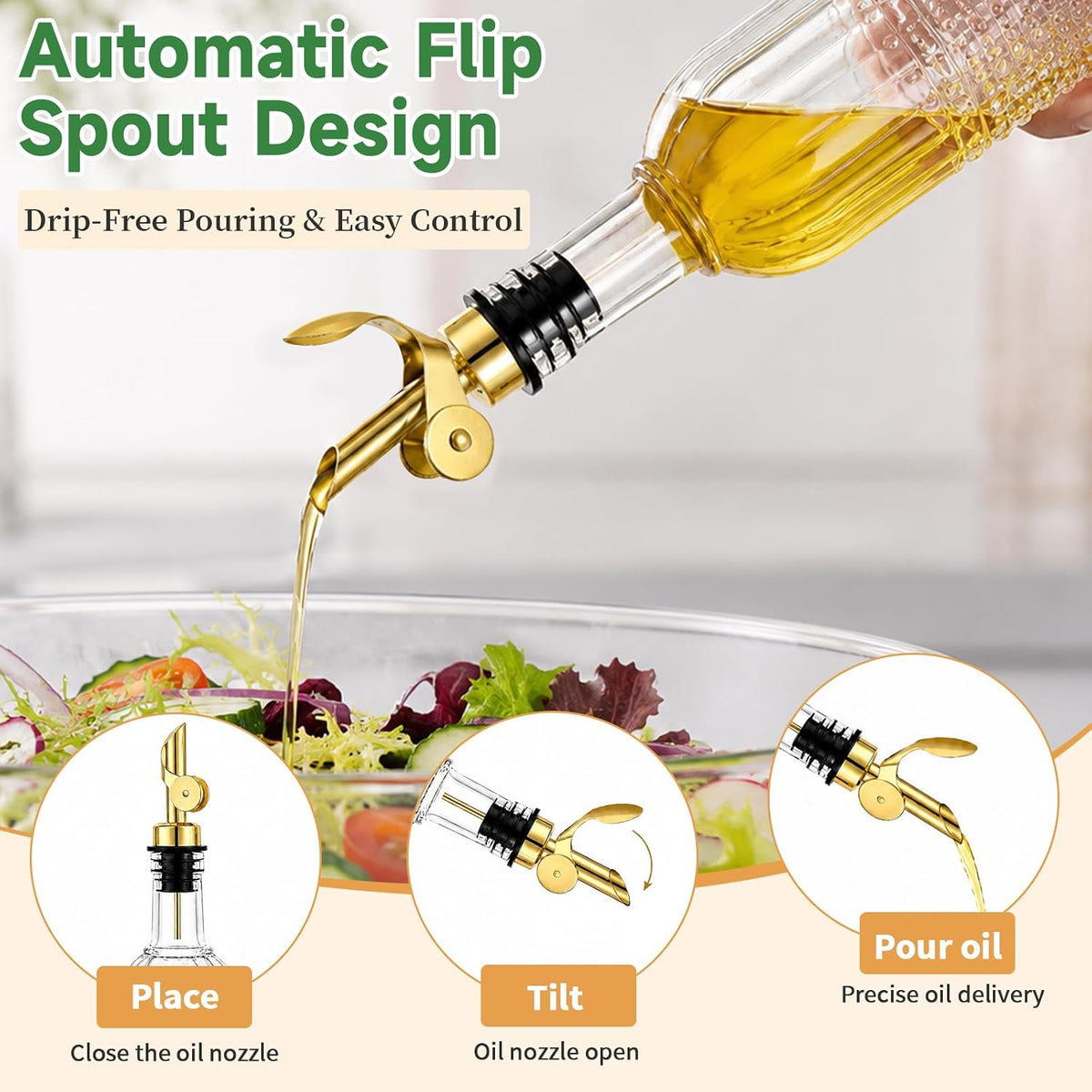 Olive Oil Dispenser Bottle, 2 Pack 17 oz Glass Oil and Vinegar Dispenser with 2 Gold Gravity Auto Flip Spouts, Metal Stand and Funnel, Decorative Polka Dot & Sunflower Design for Kitchen