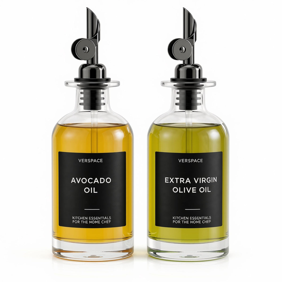 Verspace Green Glass Olive Oil Dispenser Bottles For Kitchen - 2 Pack - 12oz Includes 42 Kitchen Essential Labels, Avocado Oil Dispenser Set, Modern Decor for Home, Airbnb, Cafe