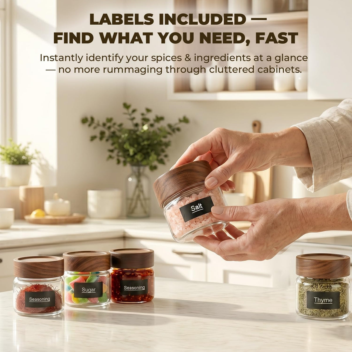 4 Pack 4 oz Glass Jars with Lids, Small Mason Jars with Airtight Acacia Wood Lid, Glass Spice Jars for Kitchen Pantry Organization, 4oz Small Jars for Spices, Nuts, Herbs & Seasoning