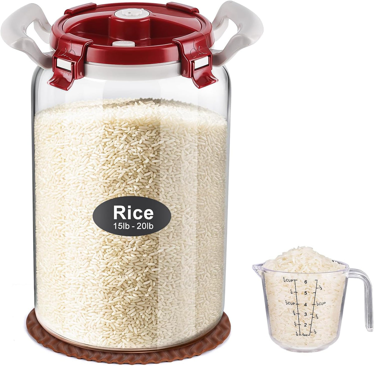 10L Glass Rice Storage Container for 20 lb Rice, Wide Mouth, Airtight Lid