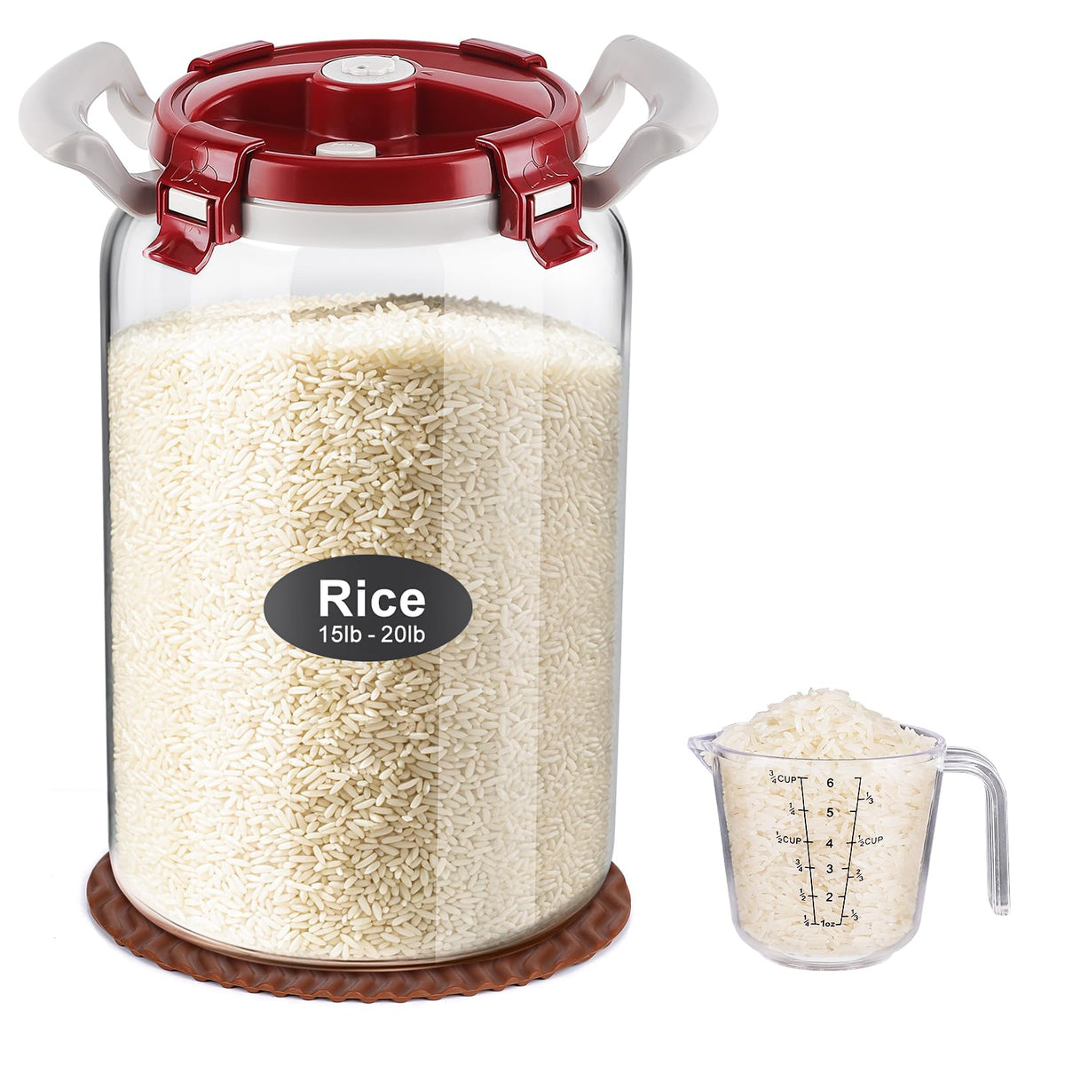 10L Glass Rice Storage Container for 20 lb Rice, Wide Mouth, Airtight Lid