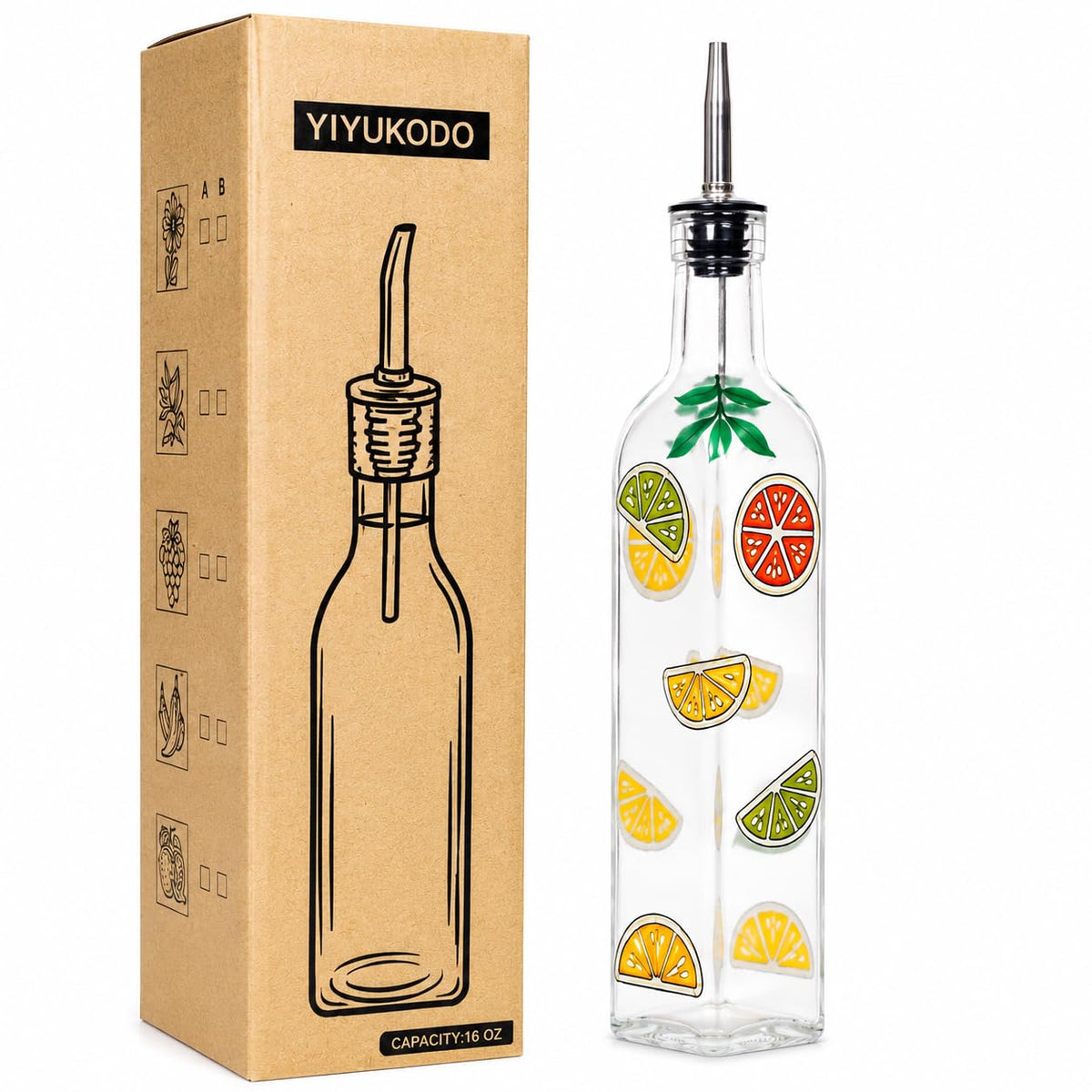 17oz Hand Painted Glass Olive Oil Bottle Dispenser - 500ml Green Oil & Vinegar Cruet with Pourers - Olive Oil Carafe Decanter for Kitchen (olive2)