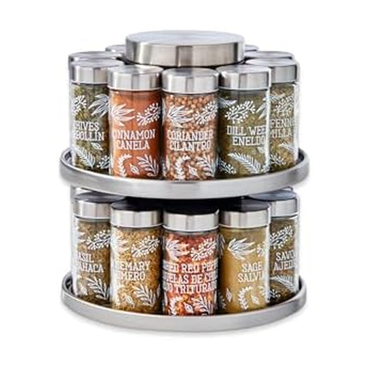 Kamenstein 20 Jar Revolving Countertop Spice Rack with Spices Included, FREE Spice Refills for 5 Years, Polished Stainless Steel with Black Caps, 30020