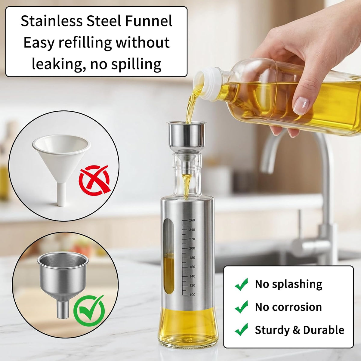 Olive Oil Dispenser for Kitchen, 4 Pack 10oz/300 ML Cooking Oil and Vinegar Dispenser Set with 20 Labels Stainless Steel Funnel, Olive Oil Bottle, Soy Sauce Dispenser, Coffee Syrup Bottles