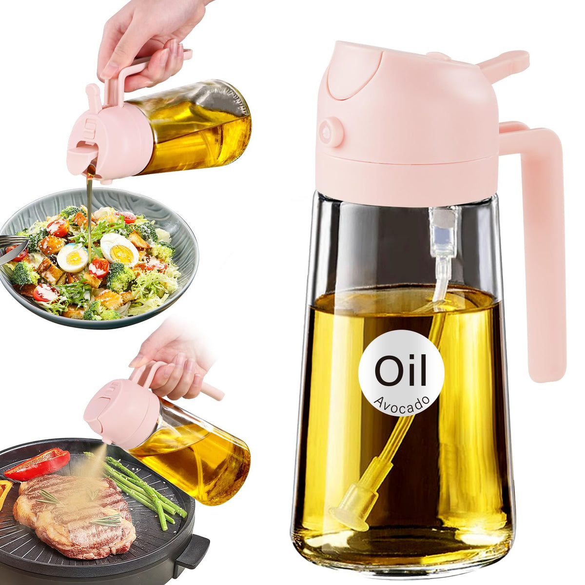 YARRAMATE 2Pcs 16oz/470ml 2 in 1 Oil Sprayer for Cooking with Stickers, Food-grade Glass Oil Spray Bottle, Oil Dispenser and Oil Sprayer for Kitchen, Salad, Frying, BBQ (White &Black)