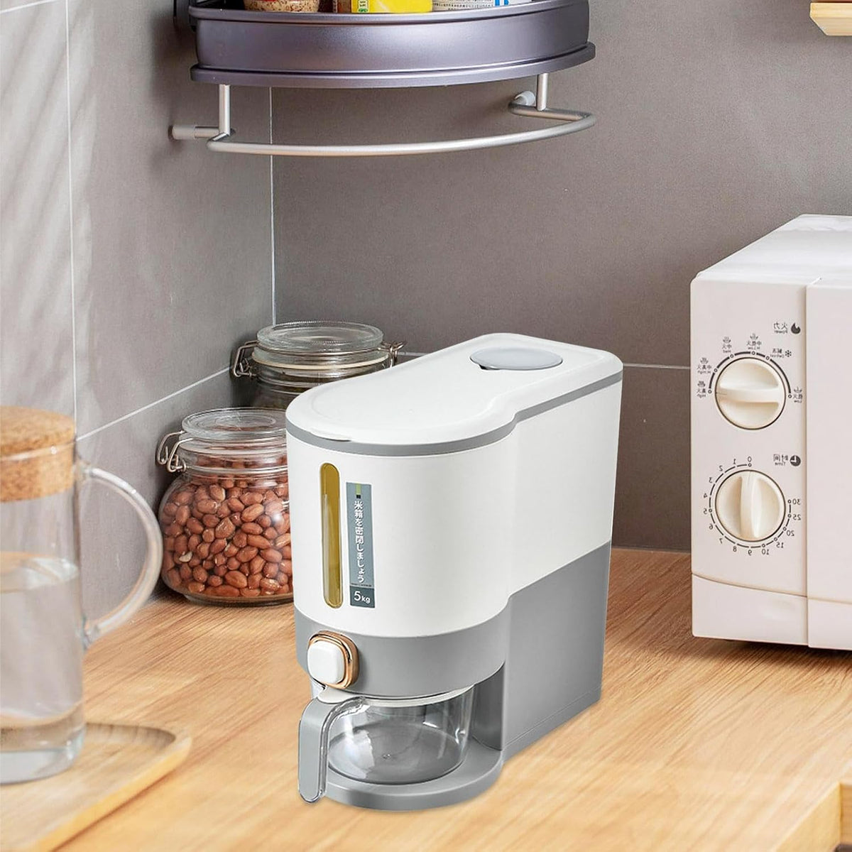 Rice Dispenser, 5kg/10kg Rice Cereal Storage Containers, Press Type Kitchen Rice Bucket, Cereal Rice Box with Measuring Cup, Reusable Household Cereal Dispenser Bucket for Kitchen Countertop Pantry