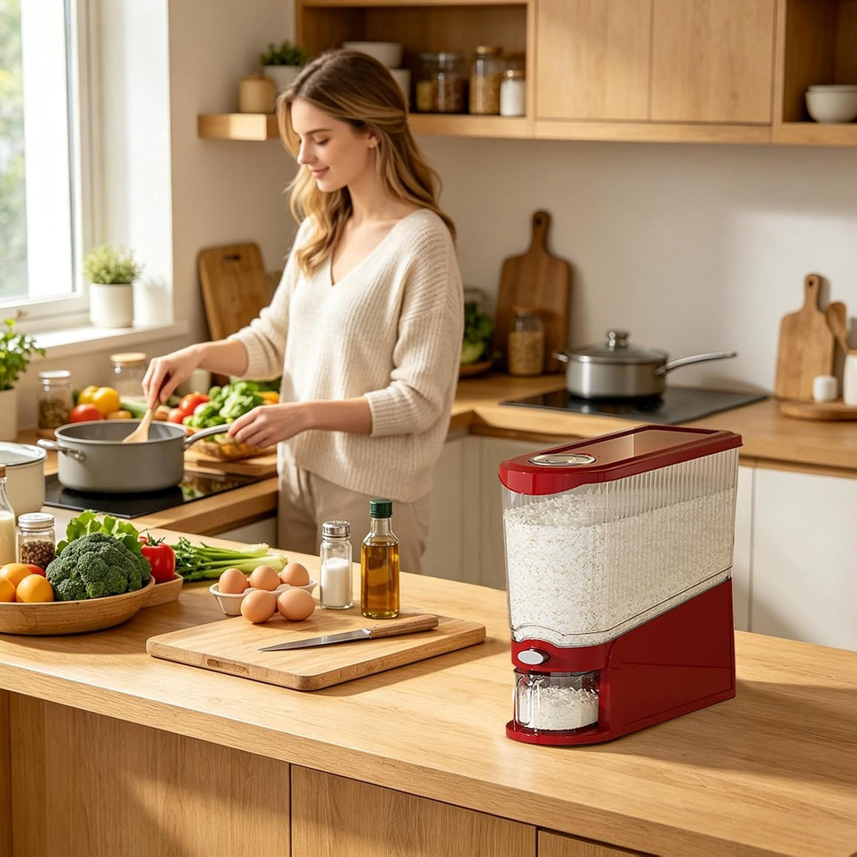 Rice Storage Dispenser - 13.23lbs Capacity Press-Type Airtight Dispenser