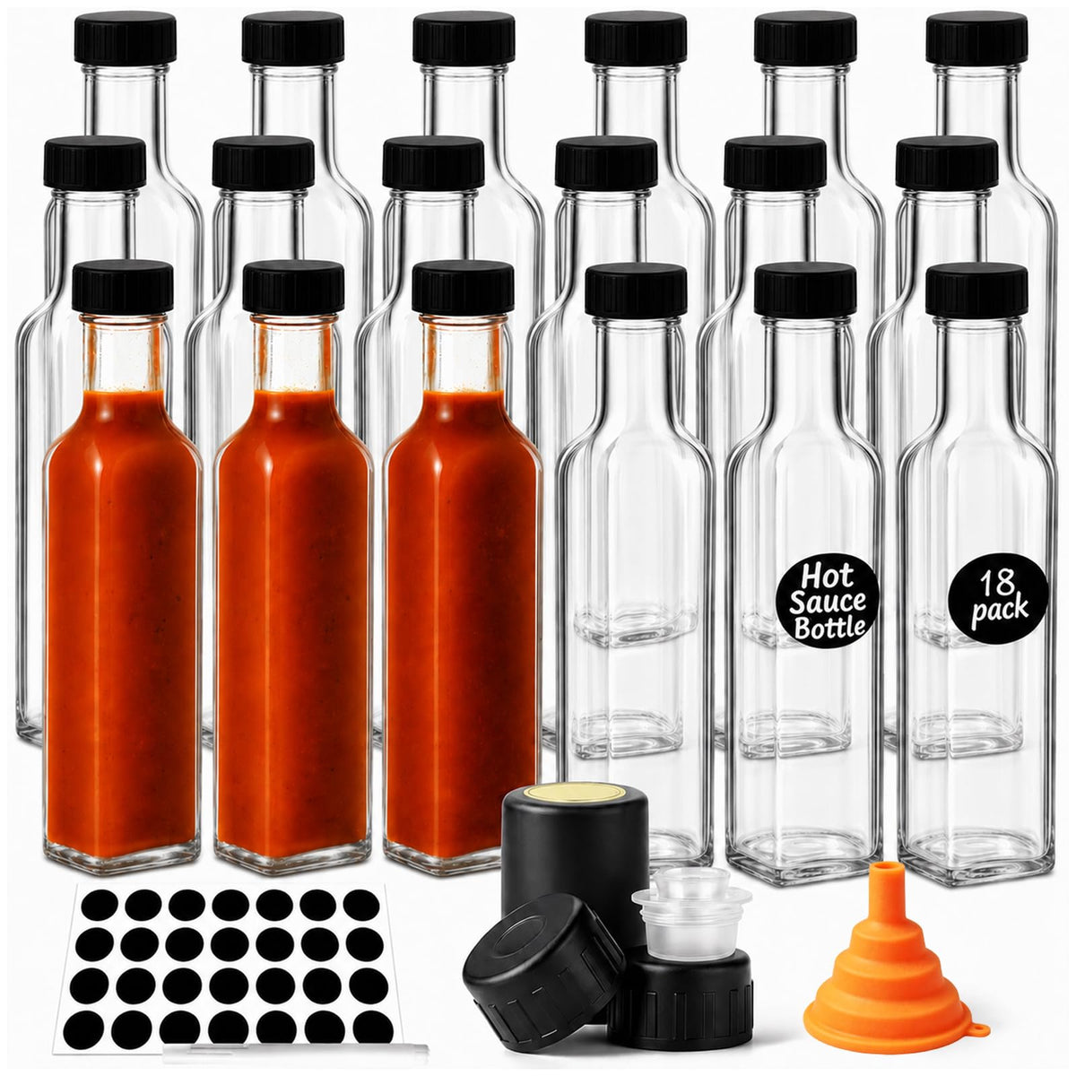 WERTIOO Hot Sauce Bottles 18Pack 8.5oz Square Glass Sauce Bottles with Lids