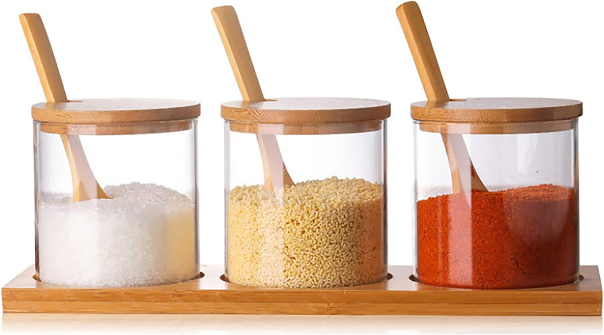 Glass Condiment Canister Pots Set, Salt Sugar Spice Storage, 10oz, 3 PCS