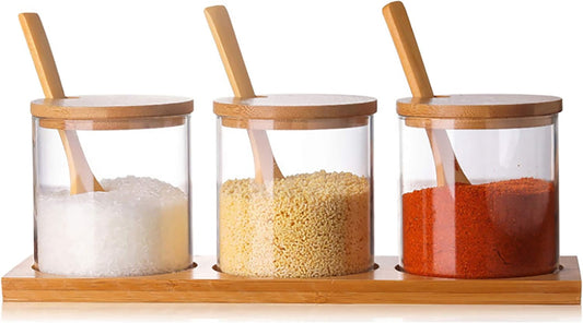 Glass Condiment Canister Pots Set, Salt Sugar Spice Storage, 10oz, 3 PCS