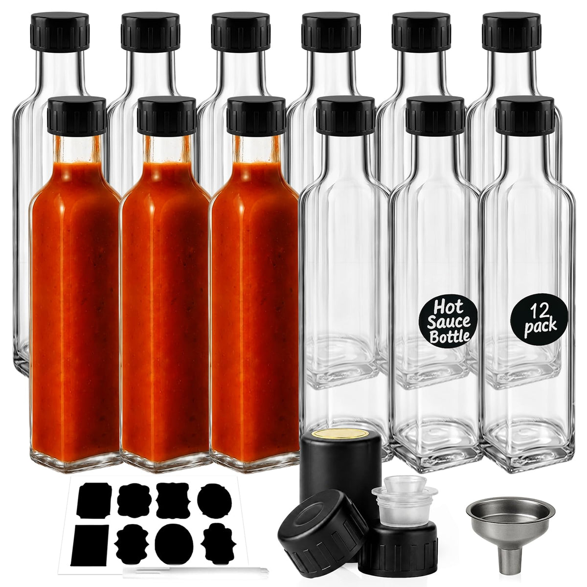 WERTIOO Hot Sauce Bottles 18Pack 8.5oz Square Glass Sauce Bottles with Lids