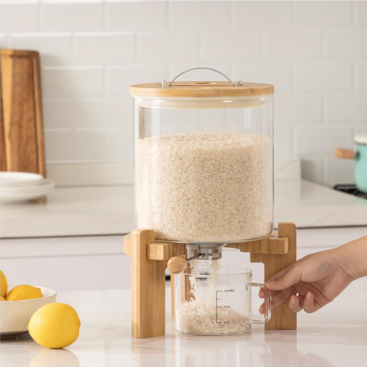 HBlife 8-10 Lbs Glass Rice Dispenser with Wooden Stand Flour and Cereal Container with Glass Measuring Cup Pantry Food Organization Storage Bin with Airtight Bamboo Lid, 5L