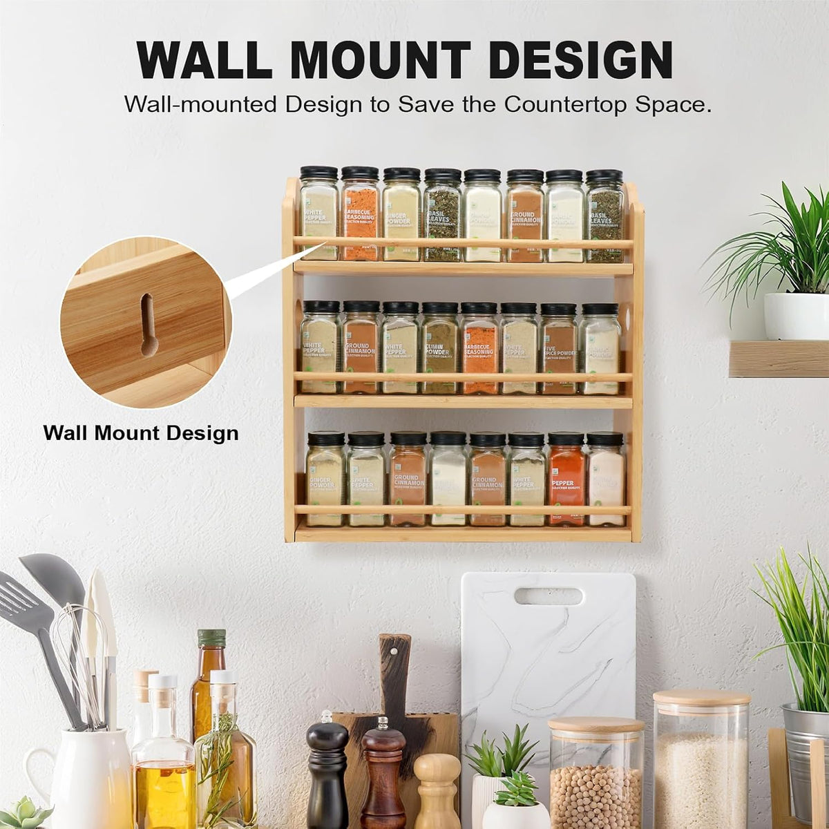 3-Tier Bamboo Spice Rack, Wall Mount & Countertop Spice Organizer