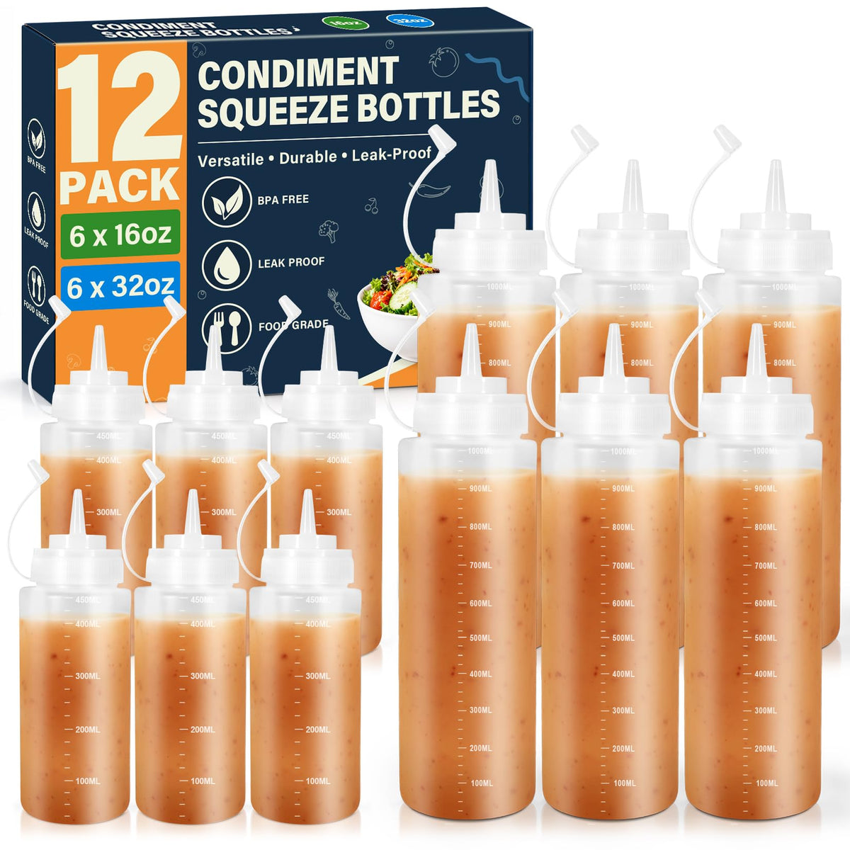 16 oz Condiment Squeeze Bottles, Squeeze Bottles for Sauces, Syrup Bottles