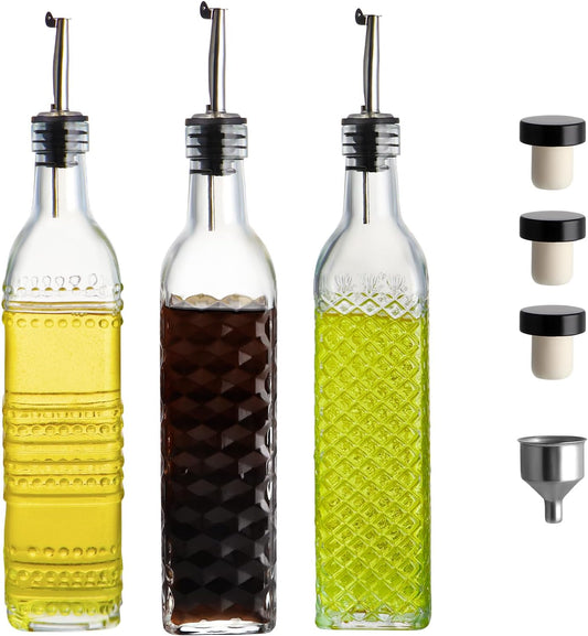 MDLUU Oil and Vinegar Dispenser Set, 17oz Clear Glass Olive Oil Bottles, Kitchen Vinegar Decanters with 3 Spouts, 3 Plugs, 1 Funnel, Pack of 3
