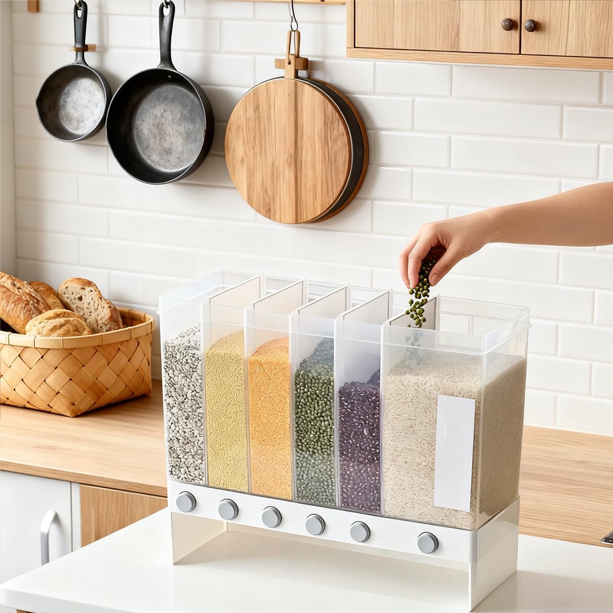 Countertop Rice Dispenser, One Press Grain Storage Container, Transparent Airtight Dry Food Organizer for Rice Beans Cereal Nuts Coffee Beans, Kitchen Pantry Storage Canister