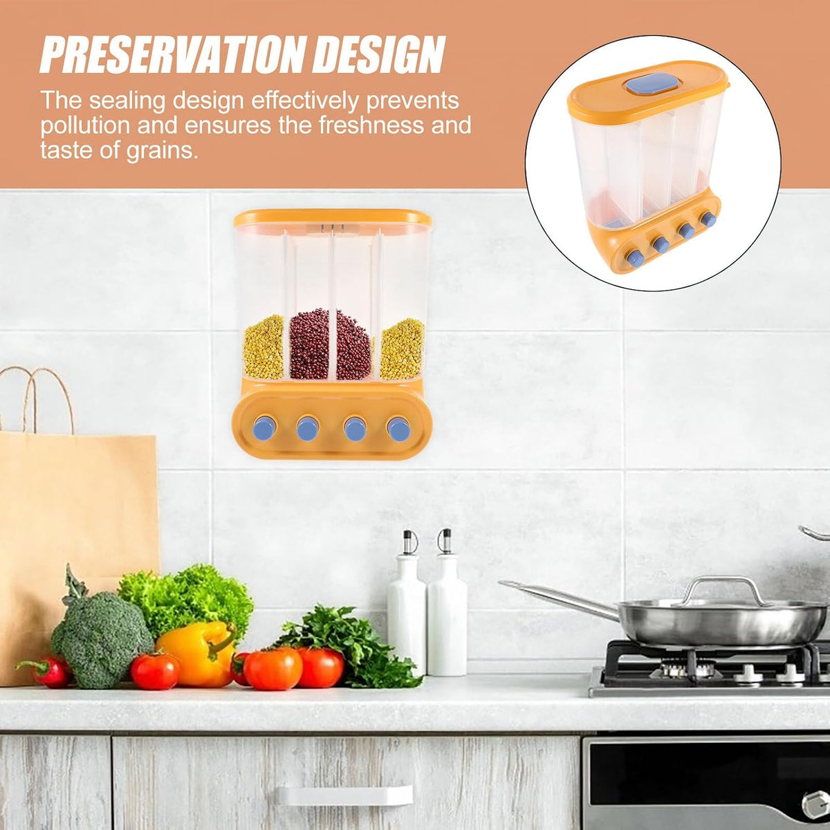 VANZACK Wall Mounted Rice Container for Cereal, Grain Dispenser, Press Type