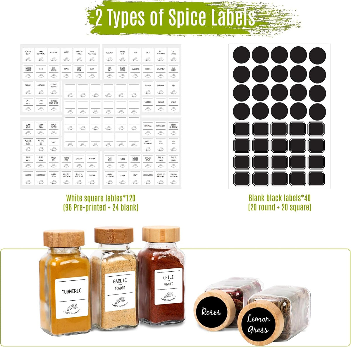 16 Pack 6 oz Glass Spice Jars with Bamboo Lids and Spice Labels