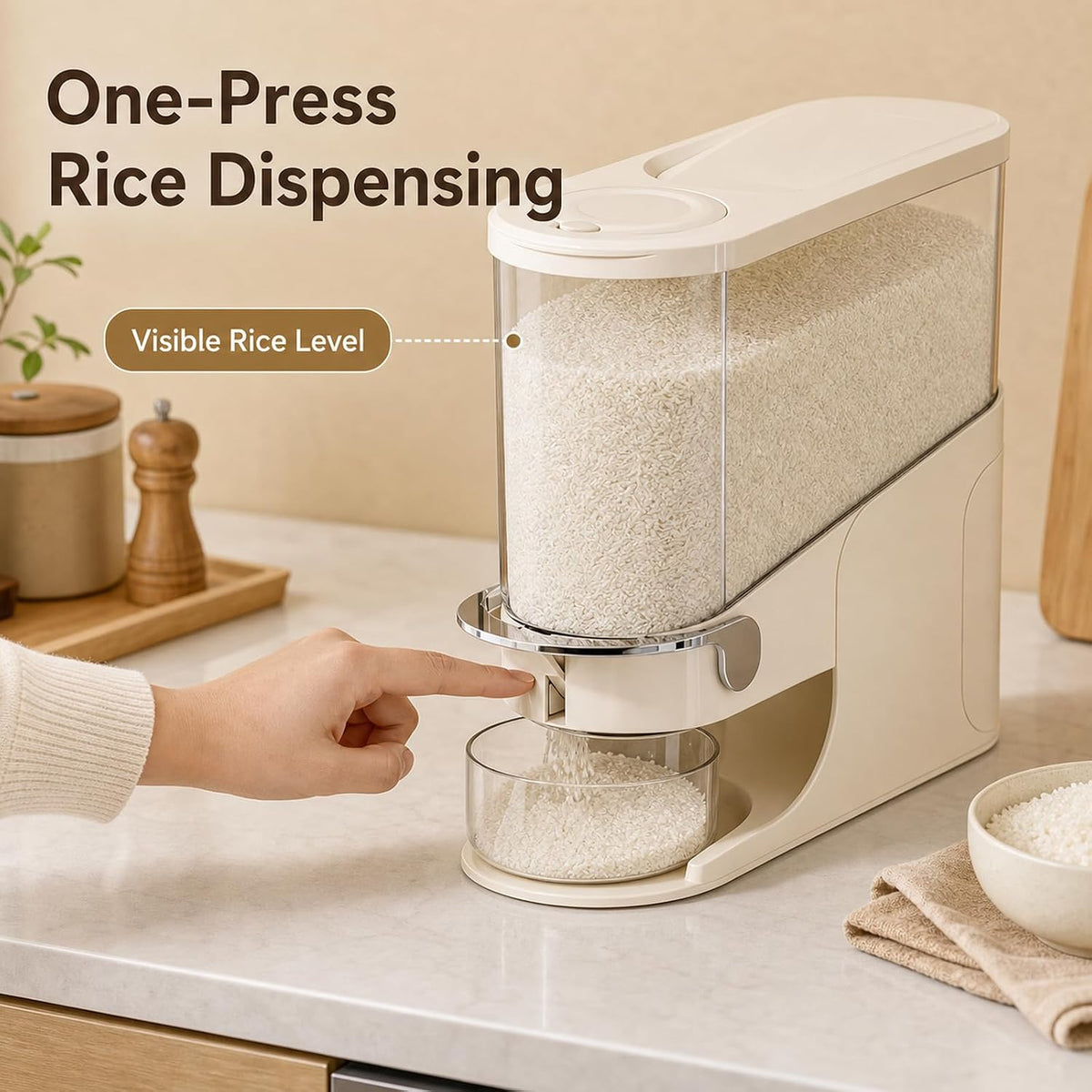Rice Dispenser 11 Lb, Slim Rice Storage Container with Double Sealing Strip, Press to Dispense Cereal Container Airtight for Kitchen Pantry Organization, (Creamy Yellow-11lb)