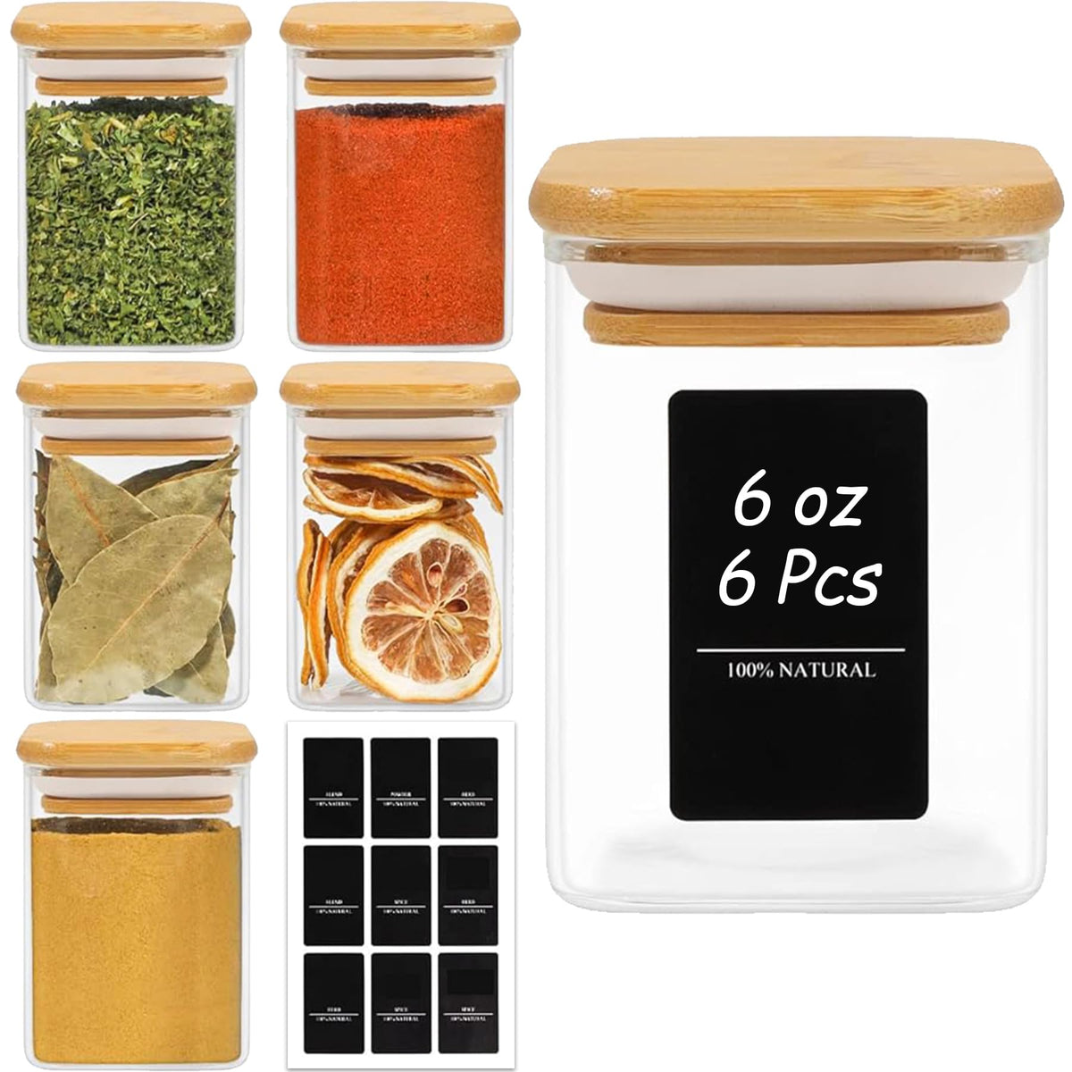 ComSaf Square Glass Spice Jars with Labels 8 oz 16 Pack with Bamboo Lids