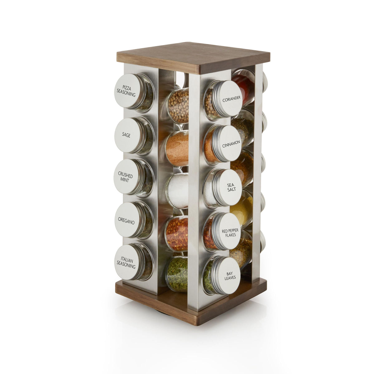 Kamenstein 20 Jar Revolving Countertop Spice Rack with Spices Included, FREE Spice Refills for 5 Years, Polished Stainless Steel with Black Caps, 30020